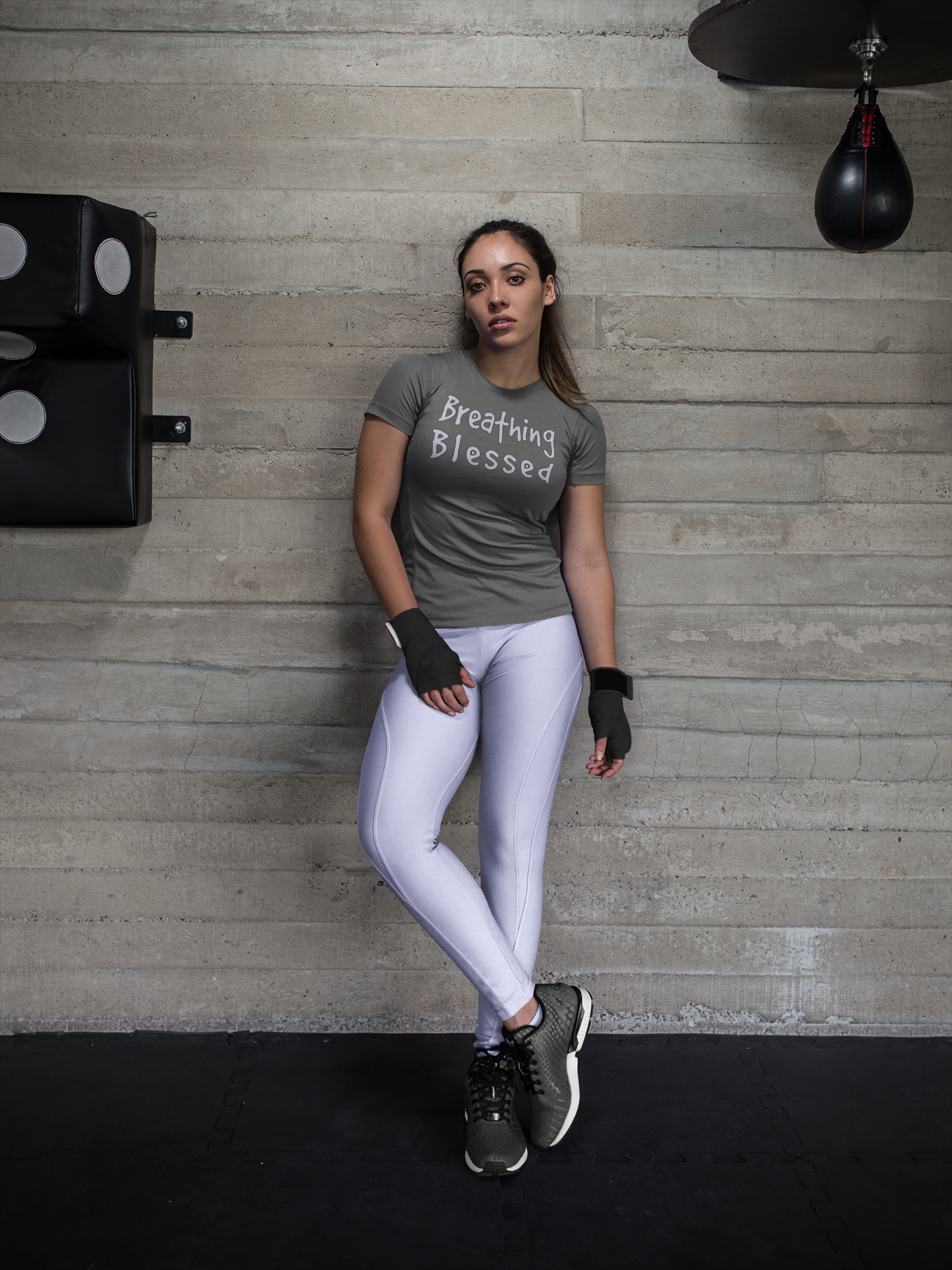 Girl in Tights in gym PW Logo DGY Tee