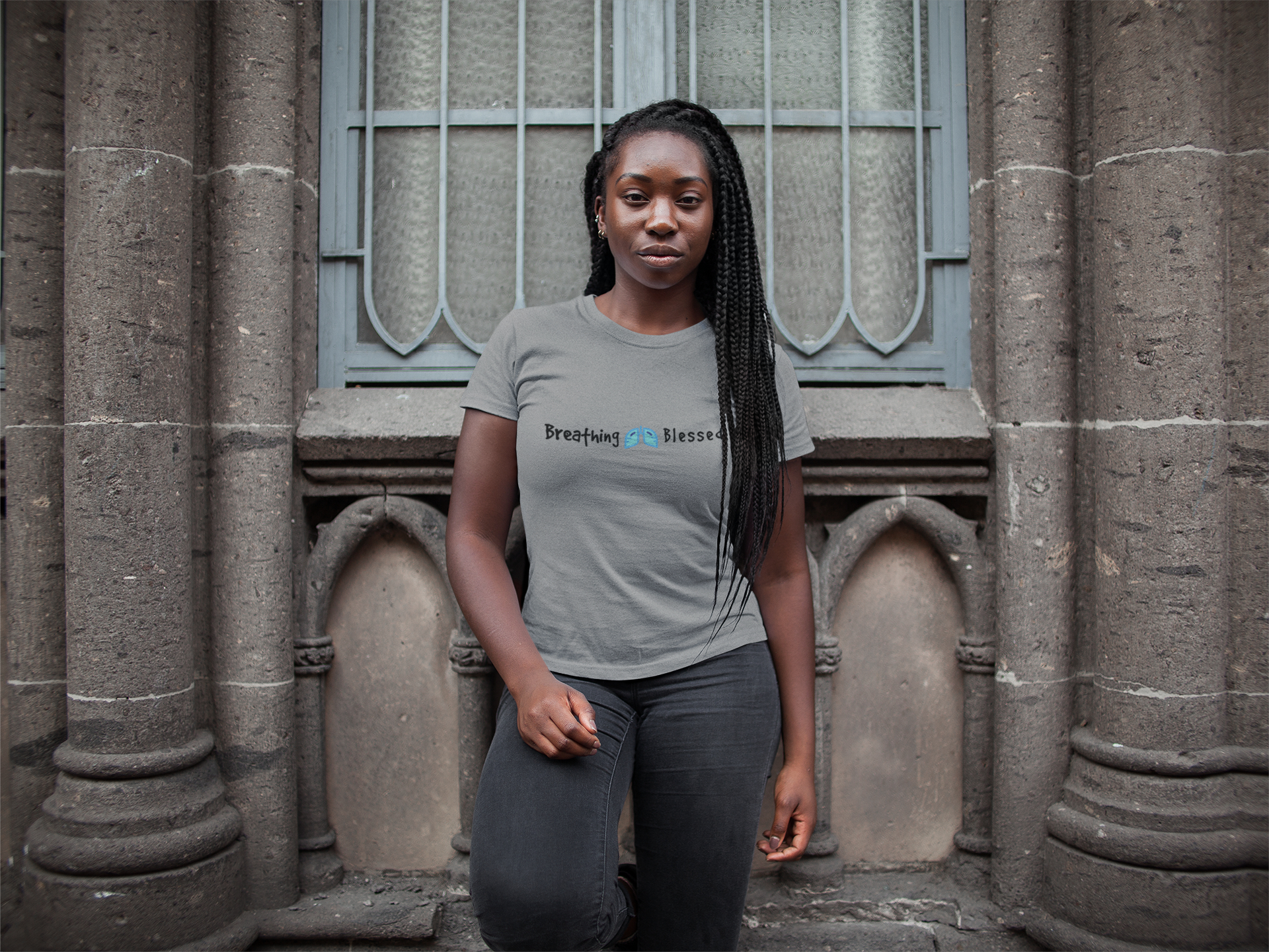 Girl leaning on chuch wall Galaxy Classic GY Tee