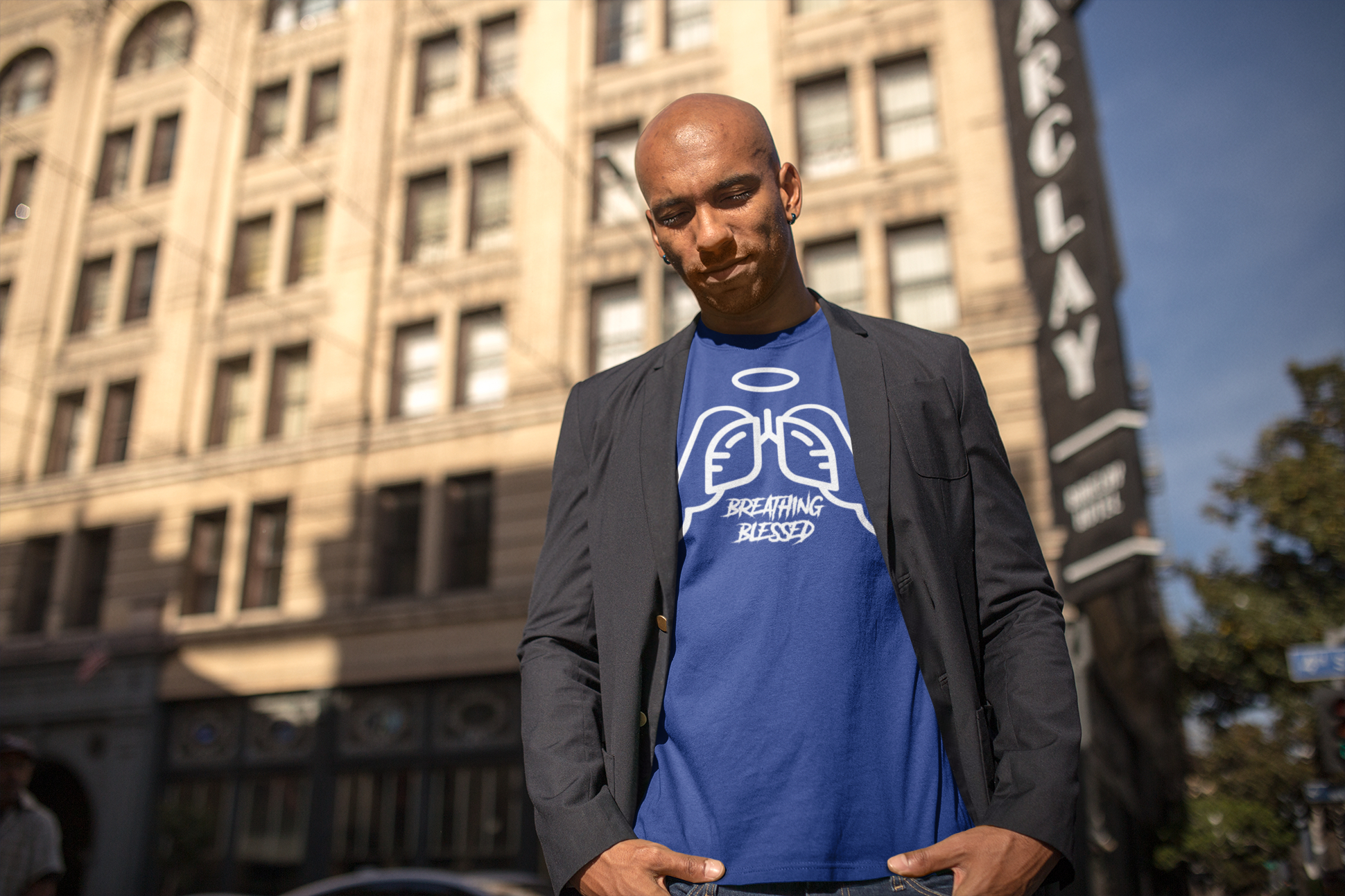 Guy in Jacket WT Wing Royal BL Tee