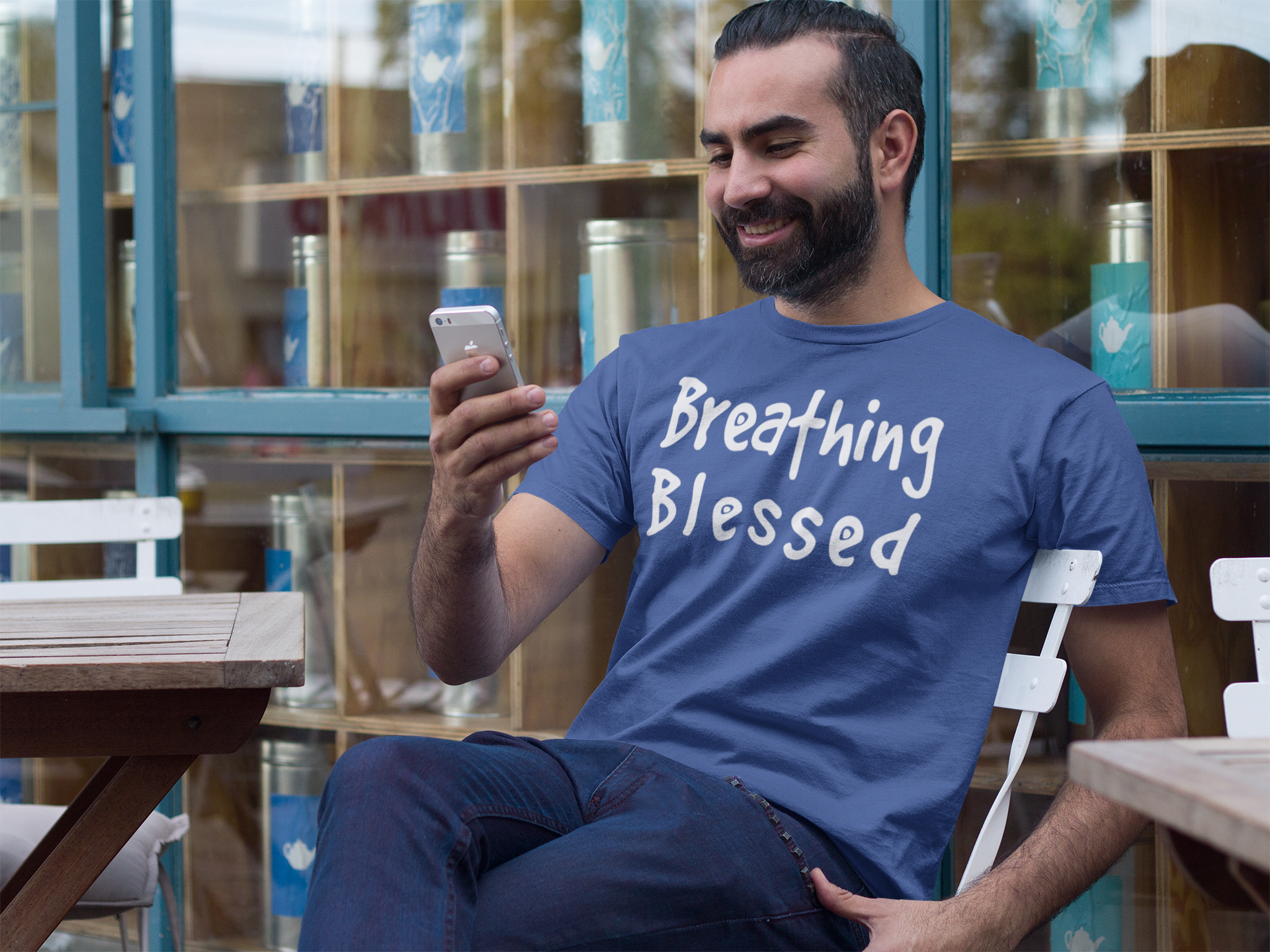 Guy with iPhone WT Logo Royal BL