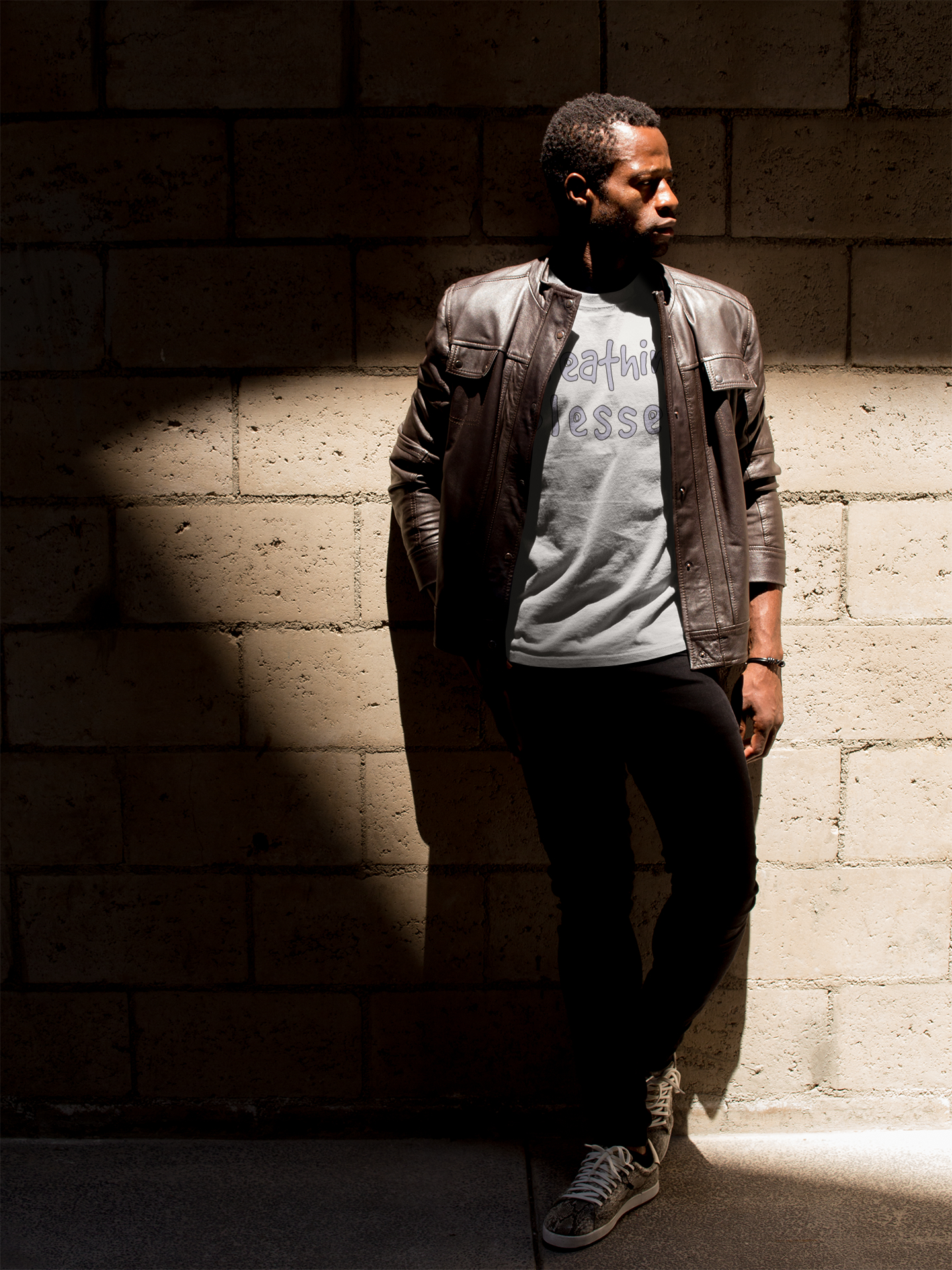 Man In Leather jacket PW Logo WT Tee